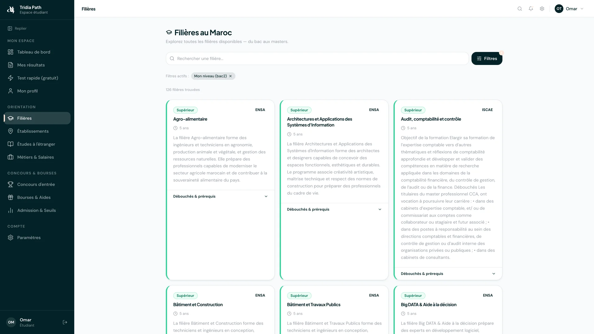 Liste des filières marocaines disponibles dans TridiaPath — cards Agro-alimentaire, Architecture SI, Audit, Bâtiment, Big Data avec sigles ENSA / ISCAE