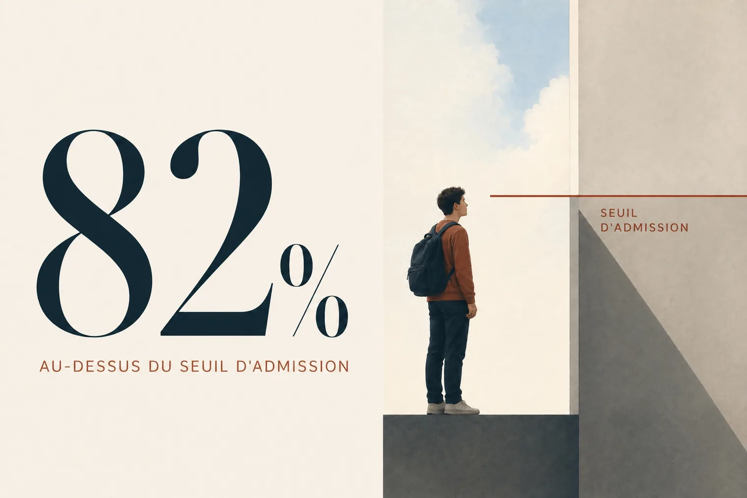 Silhouette d'un lycéen au-dessus d'un seuil d'admission, avec « 82 % » au-dessus du seuil — le simulateur d'admission TridiaPath