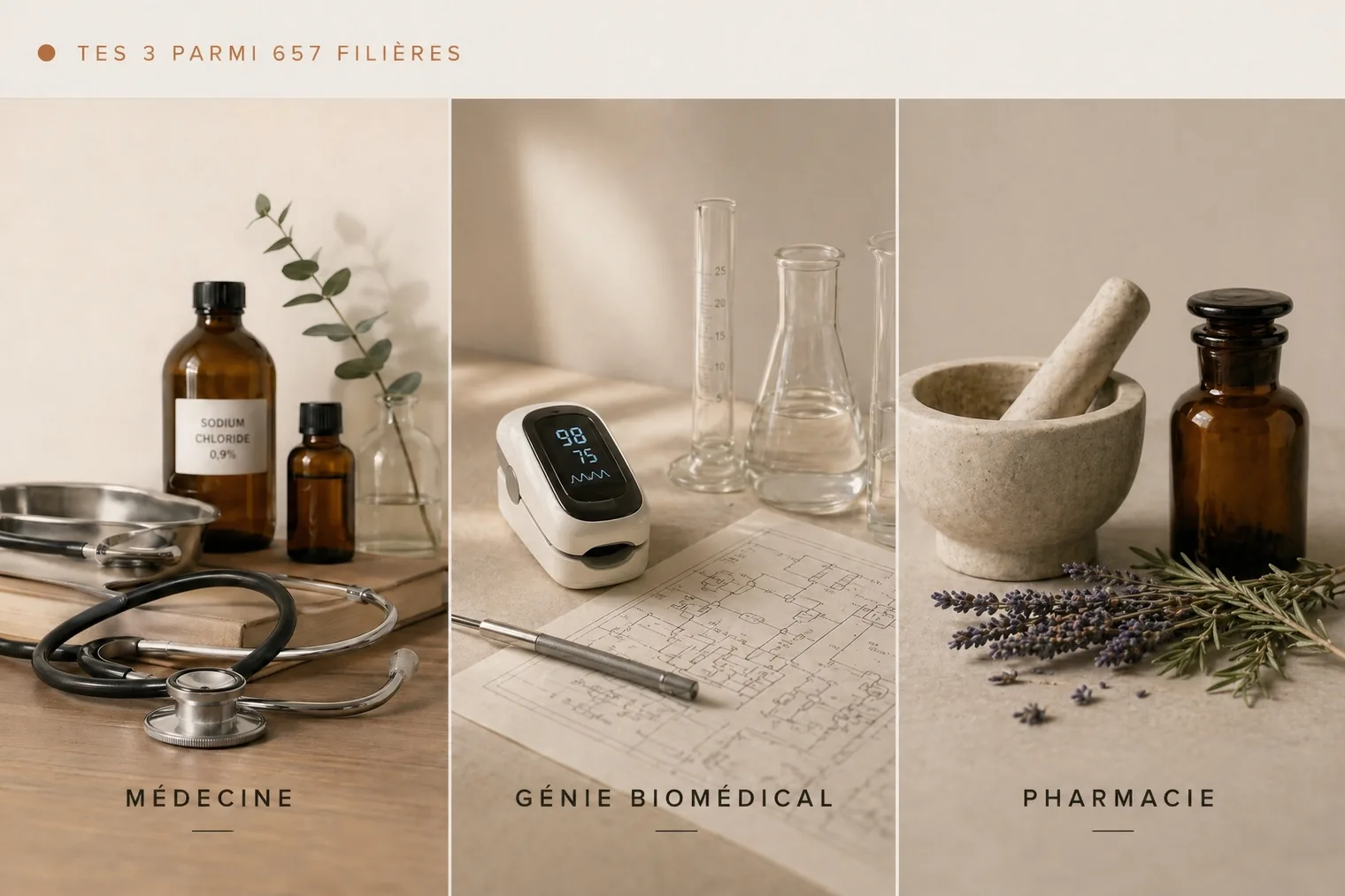Triptyque éditorial Médecine · Génie biomédical · Pharmacie — trois filières alignées avec un profil scientifique