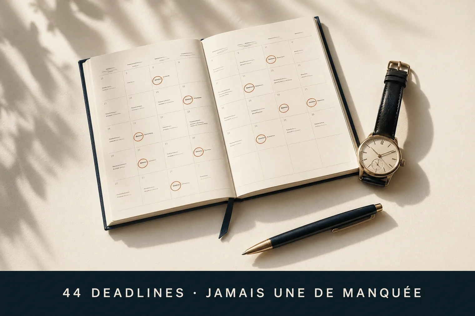 Composition still-life avec un agenda ouvert et une montre — le calendrier des concours et bourses