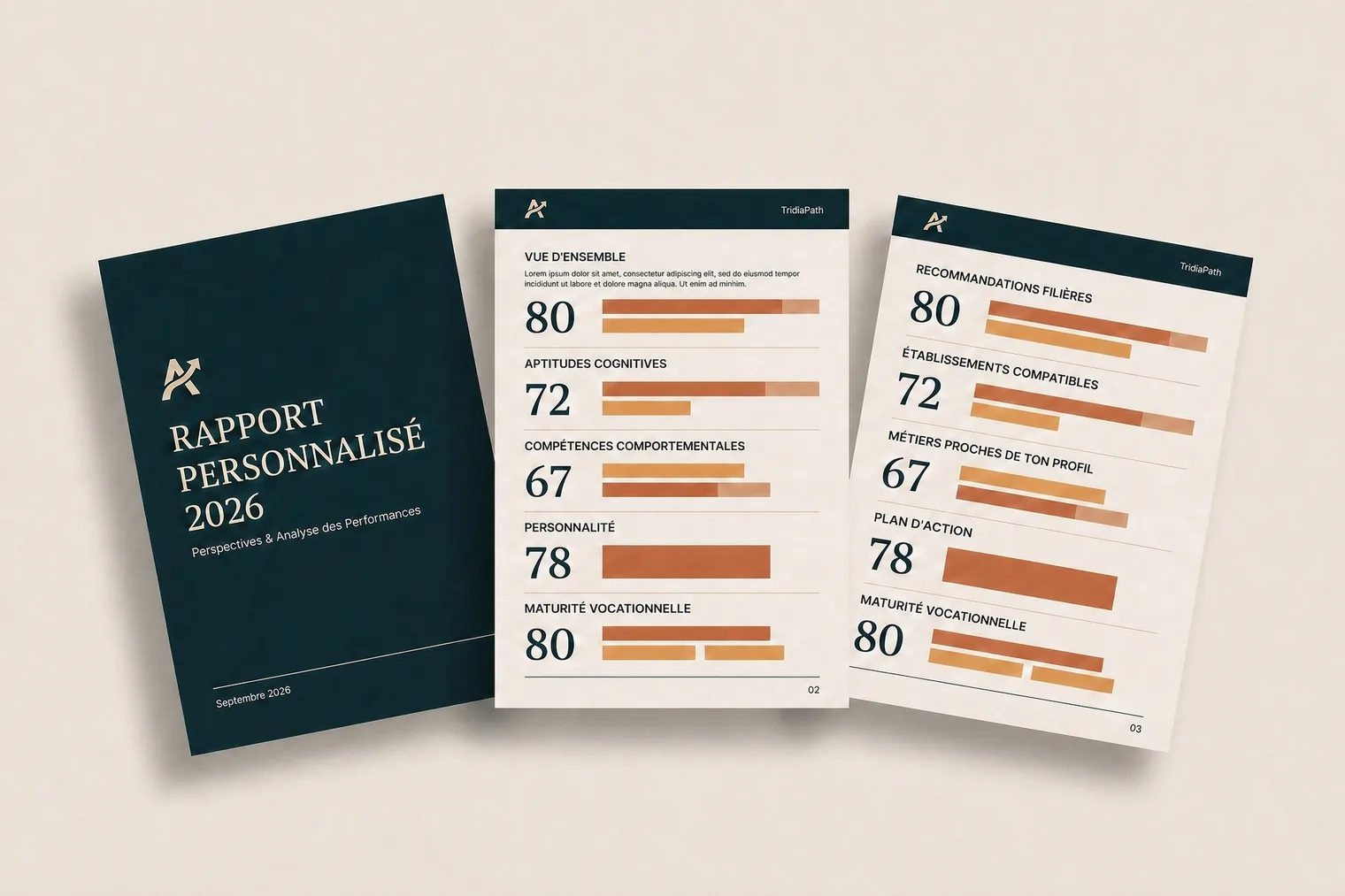 Trois pages du rapport personnalisé en éventail — cover navy avec graphes scores et pages d'analyse