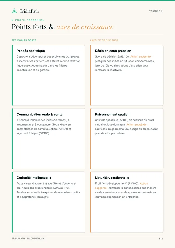 Points forts et axes de croissance — pensée analytique, communication, raisonnement spatial